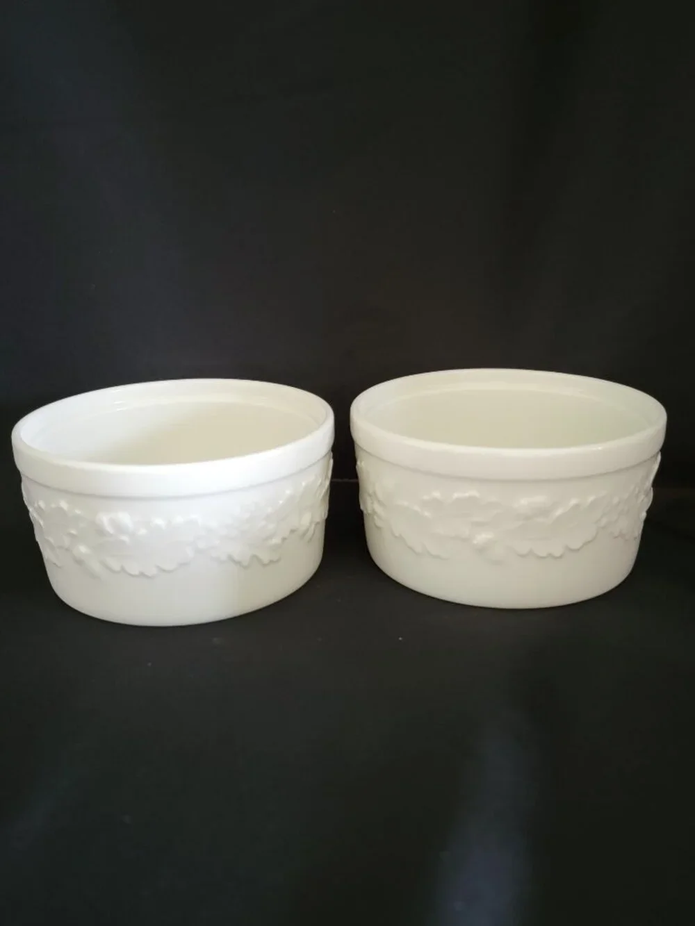 Rare Set of 2 Martha Stewart Everyday White Acorn Embossed Ramekin Dishes Bowls